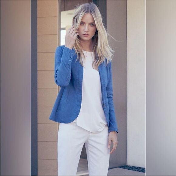 Eileen Fisher NWT Stand Collar Zip Front Organic Linen Blend Jacket Blue Large - Picture 2 of 16